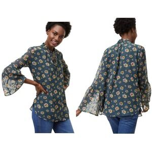 Ann‎ Taylor Womens Blouse Top Size XS Floral Tie Neck Long Sleeve Tunic Sheer